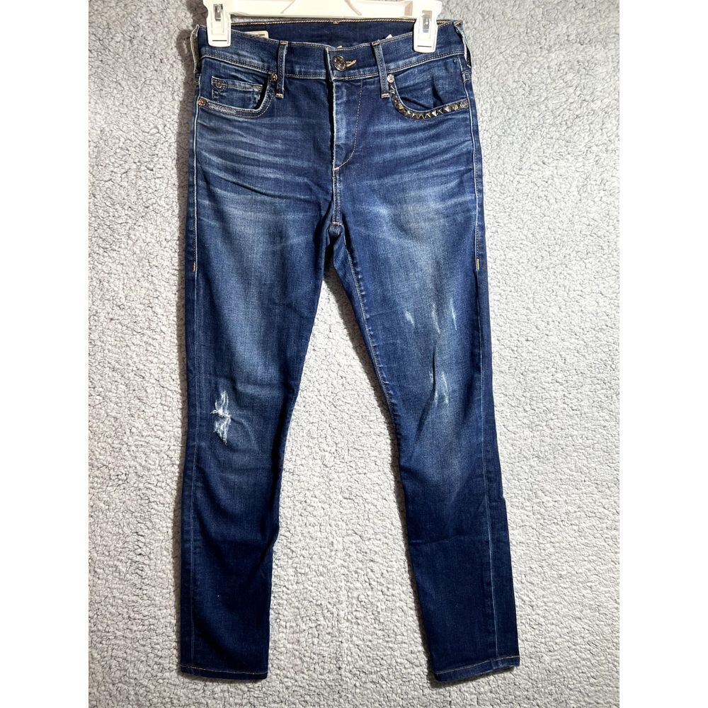 True Religion Halle Mid-Rise Dark Wash Distressed Womens Super Skinny Jeans 26